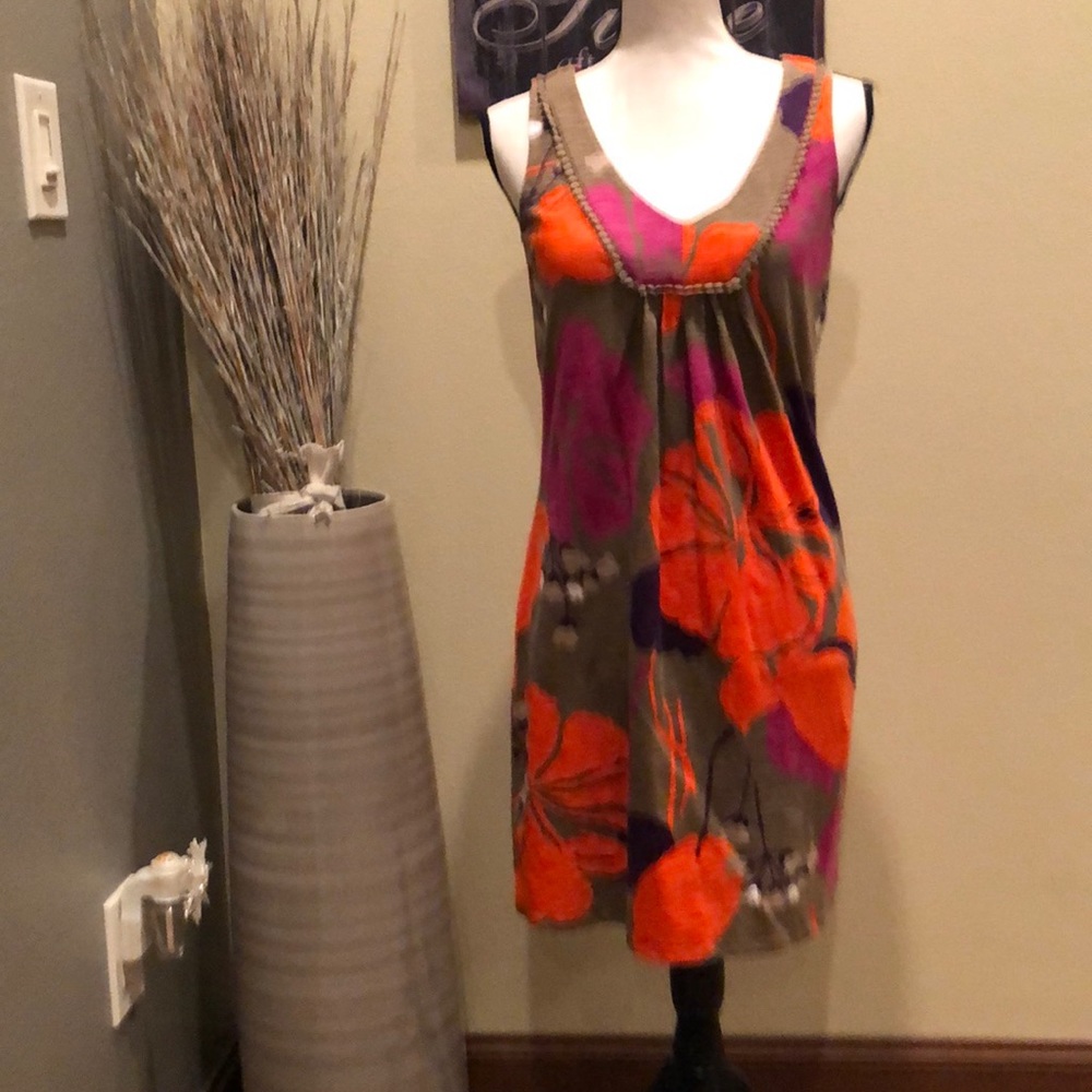 Boden Tarifa Hibiscus Orange Olive Green Dress 6R